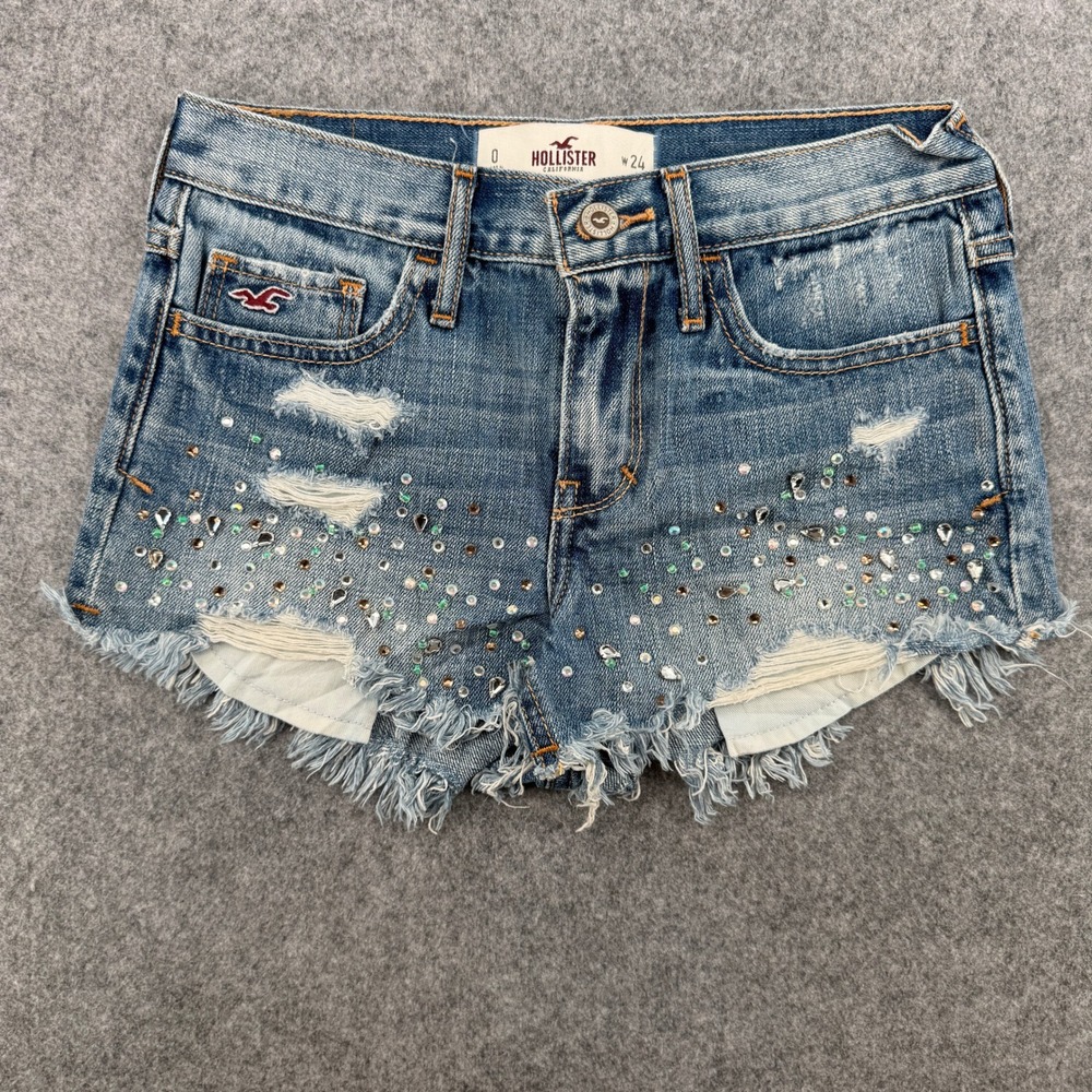 Y2K Hollister Denim Shorts Womens 0 W24 Blue Rhinestone Distressed EUC